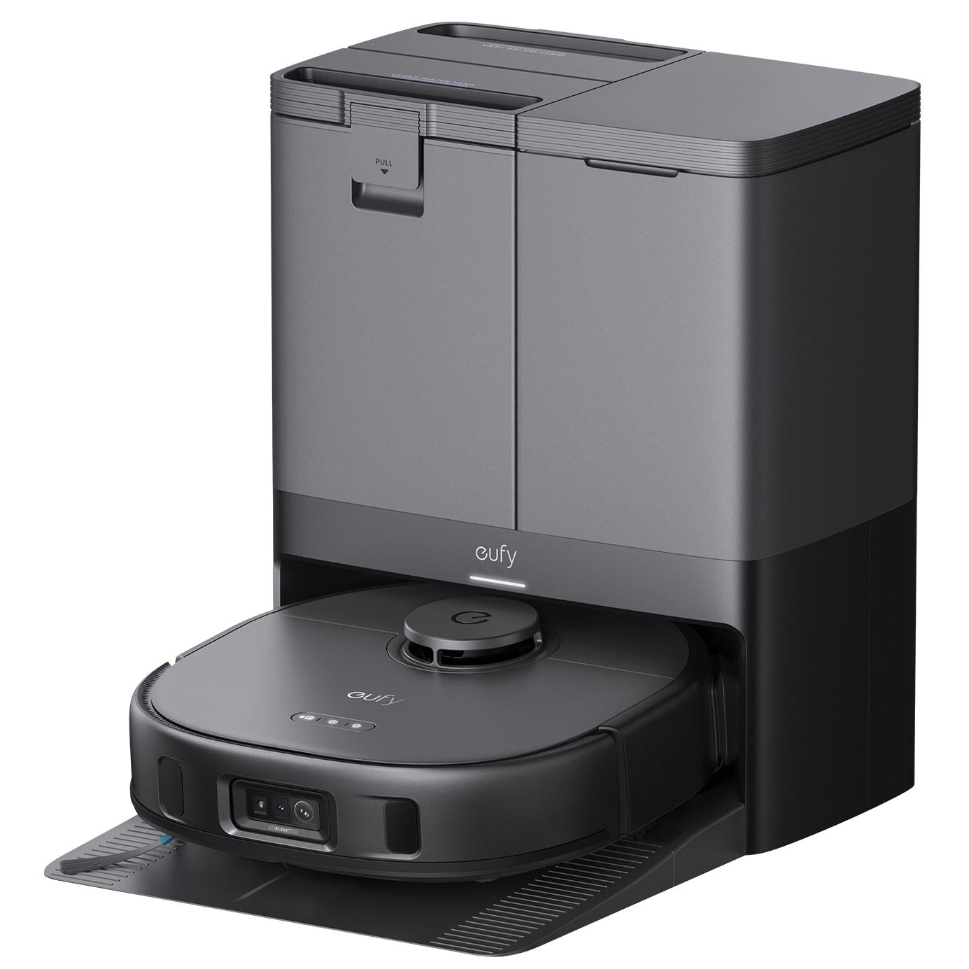 Robot vacuum and auto-empty dock base with circular mop head docked