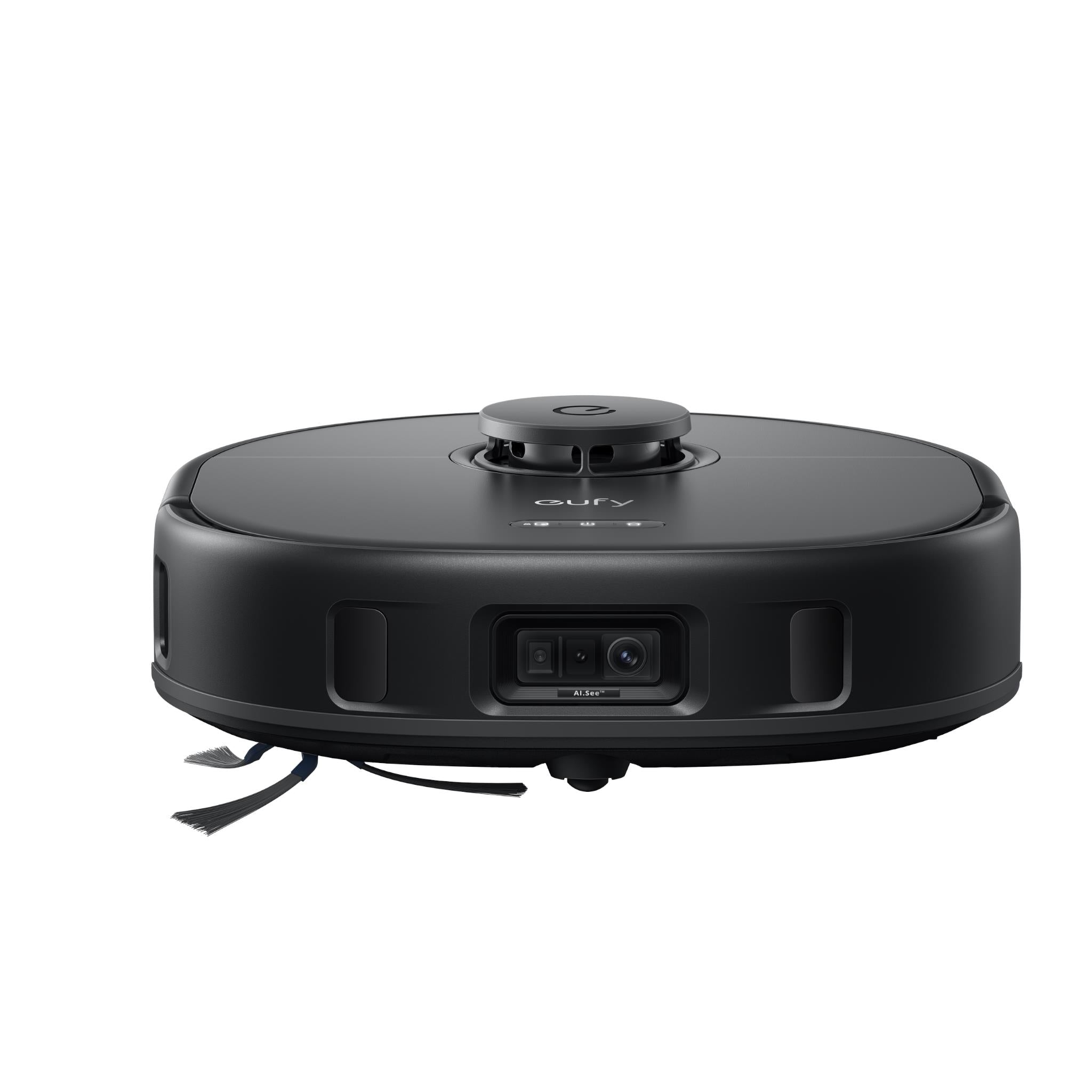 Black robot vacuum with top sensor and central control dome