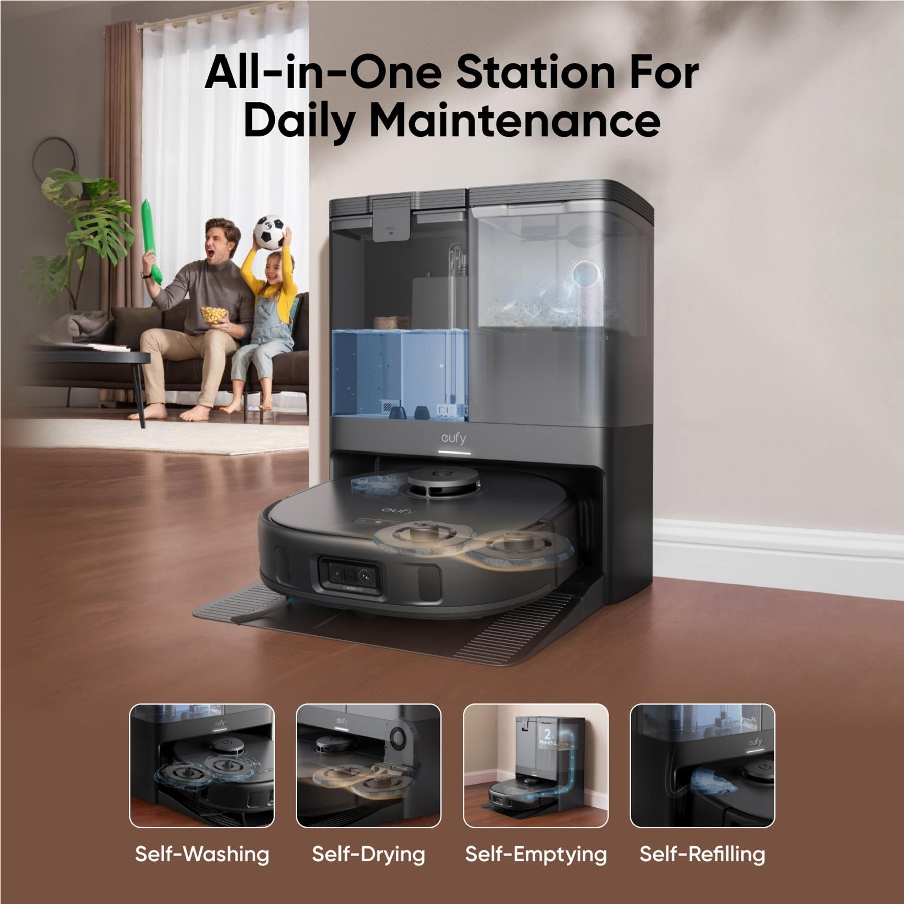 Robot vacuum and mop with auto-empty charging dock, dark gray base and unit