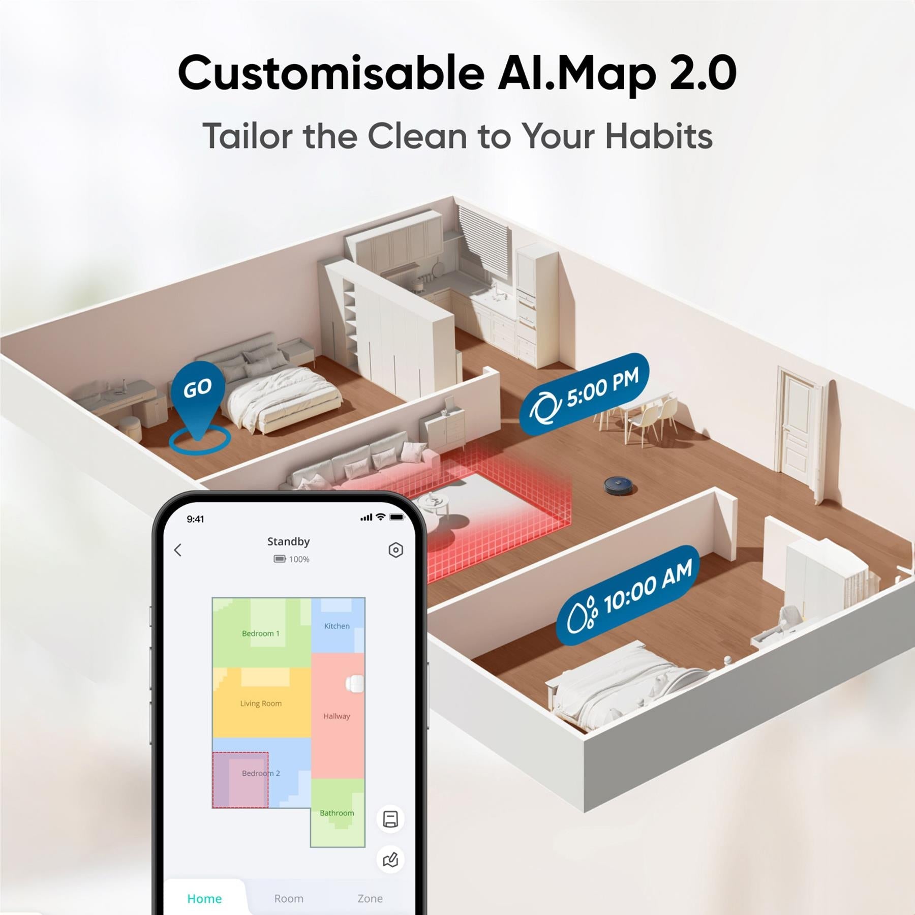 Robot vacuum app screen with room map, time schedule, and zone icons