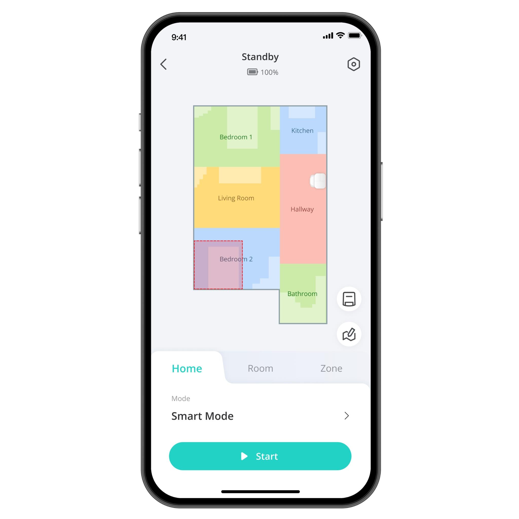 Smartphone app screen showing floor map for robot vacuum with Start button