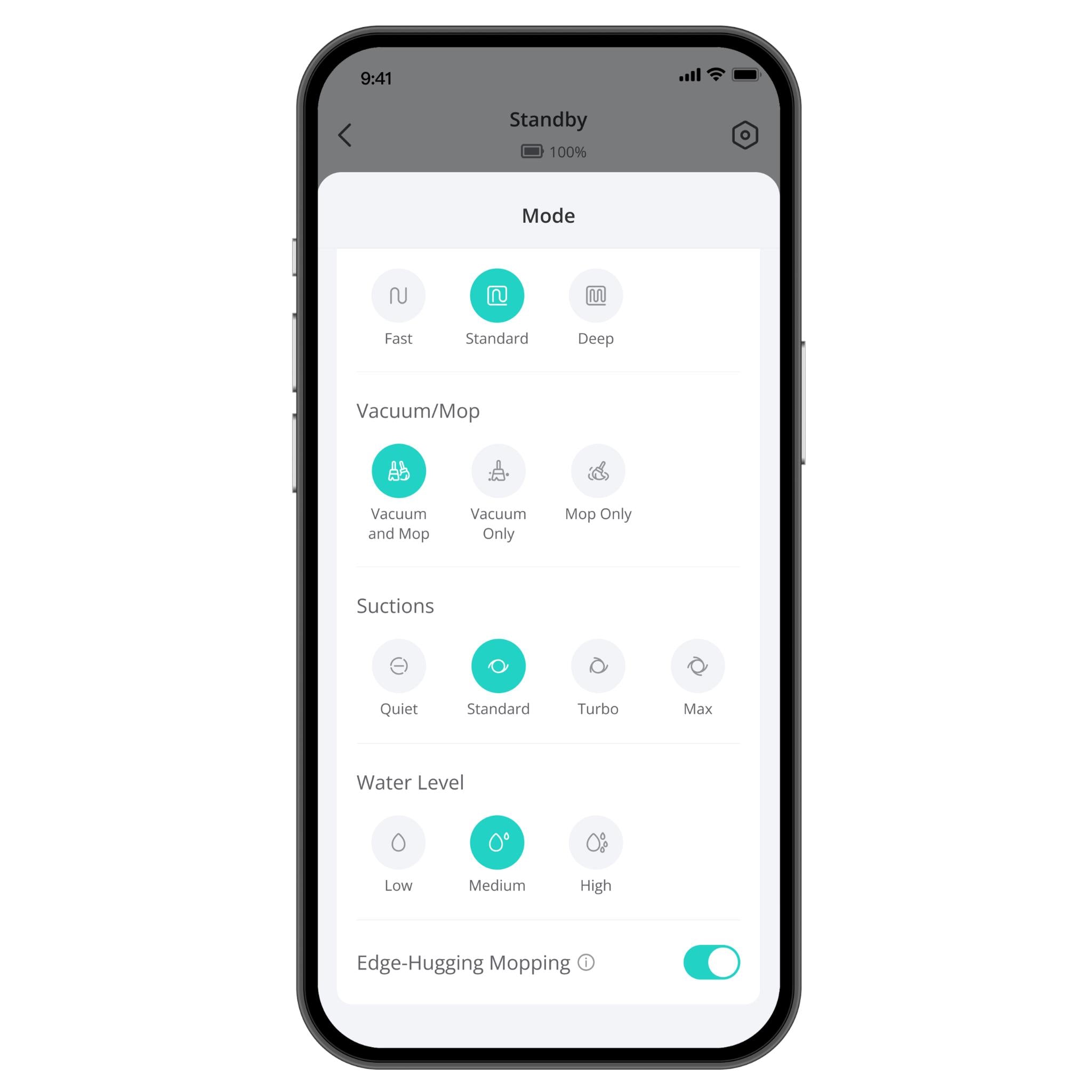 Smartphone app screen showing robot vacuum settings for mode, suction, and water level