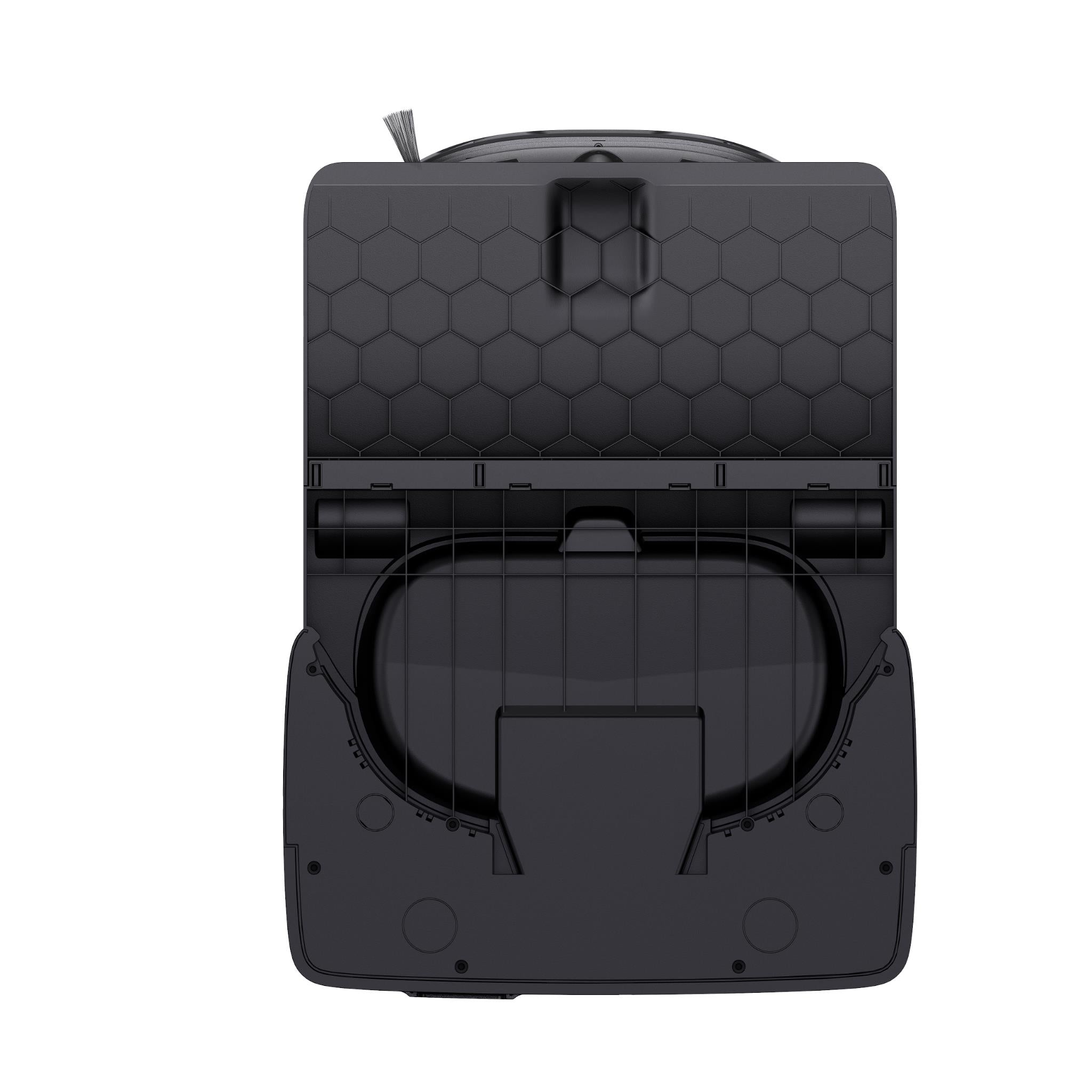 Underside view of a black robot vacuum with brush and mop housing
