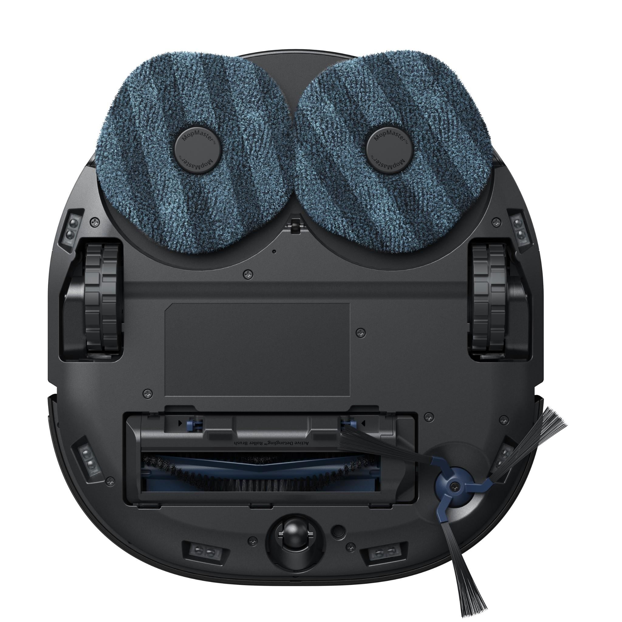 Robot vacuum underside with two blue microfiber mop pads and side brushes