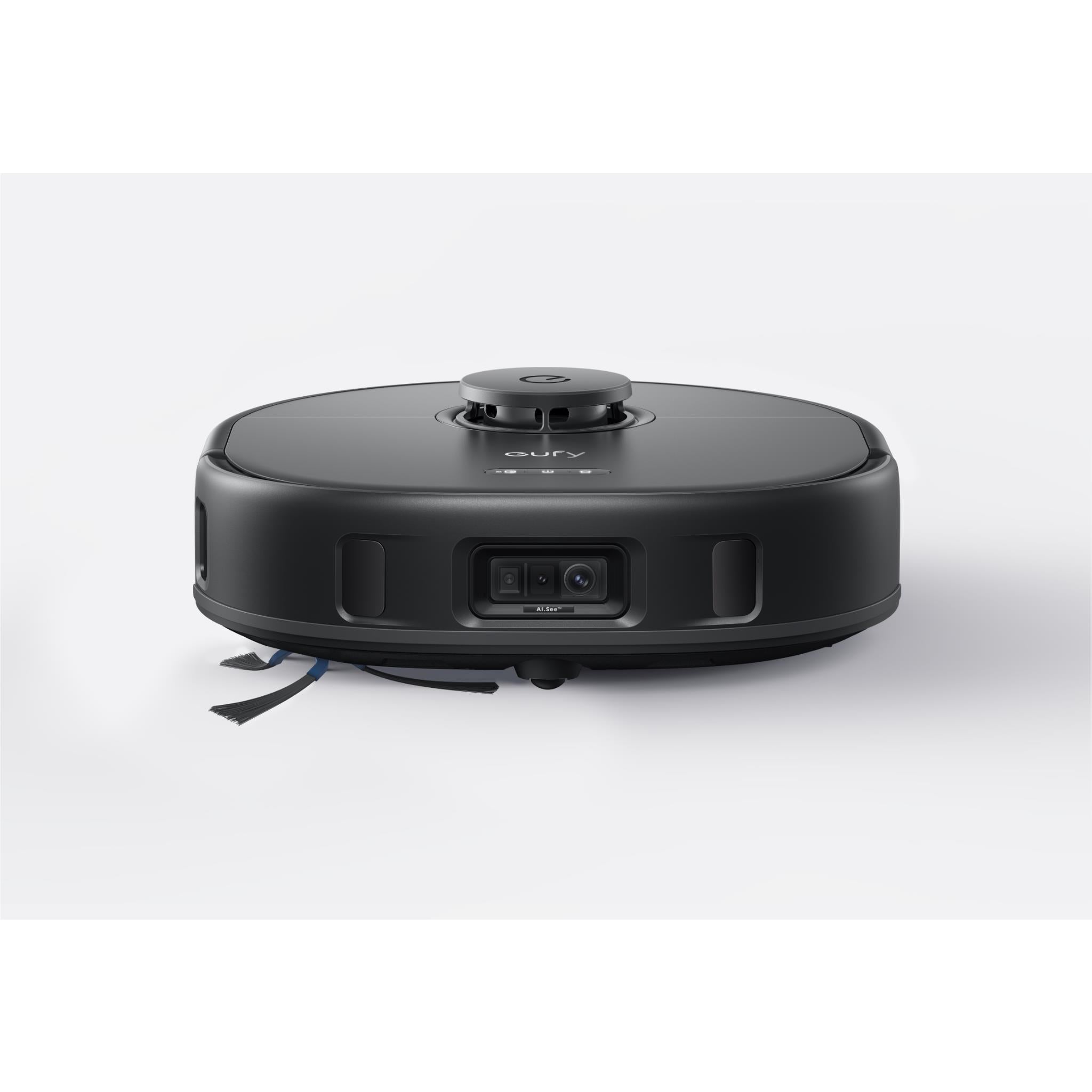 Front view of a black robot vacuum on the floor