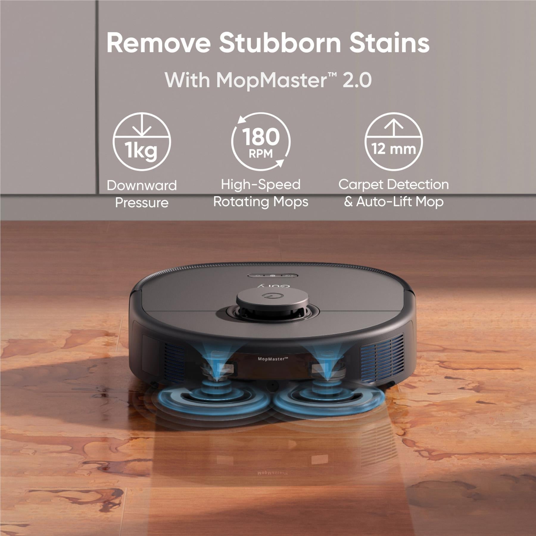 Robot vacuum mopping with water jets on a wooden floor