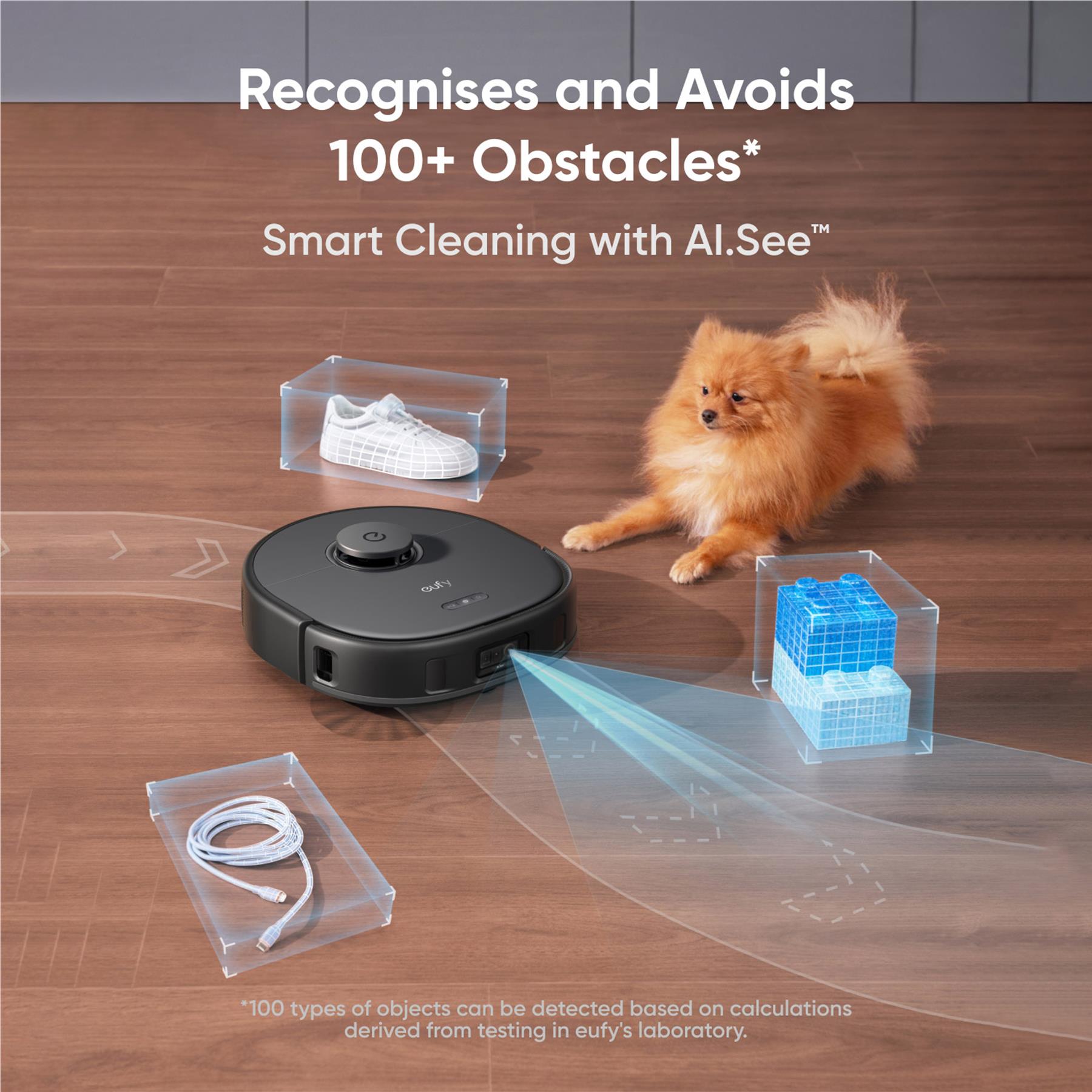 Black robot vacuum navigating around small objects