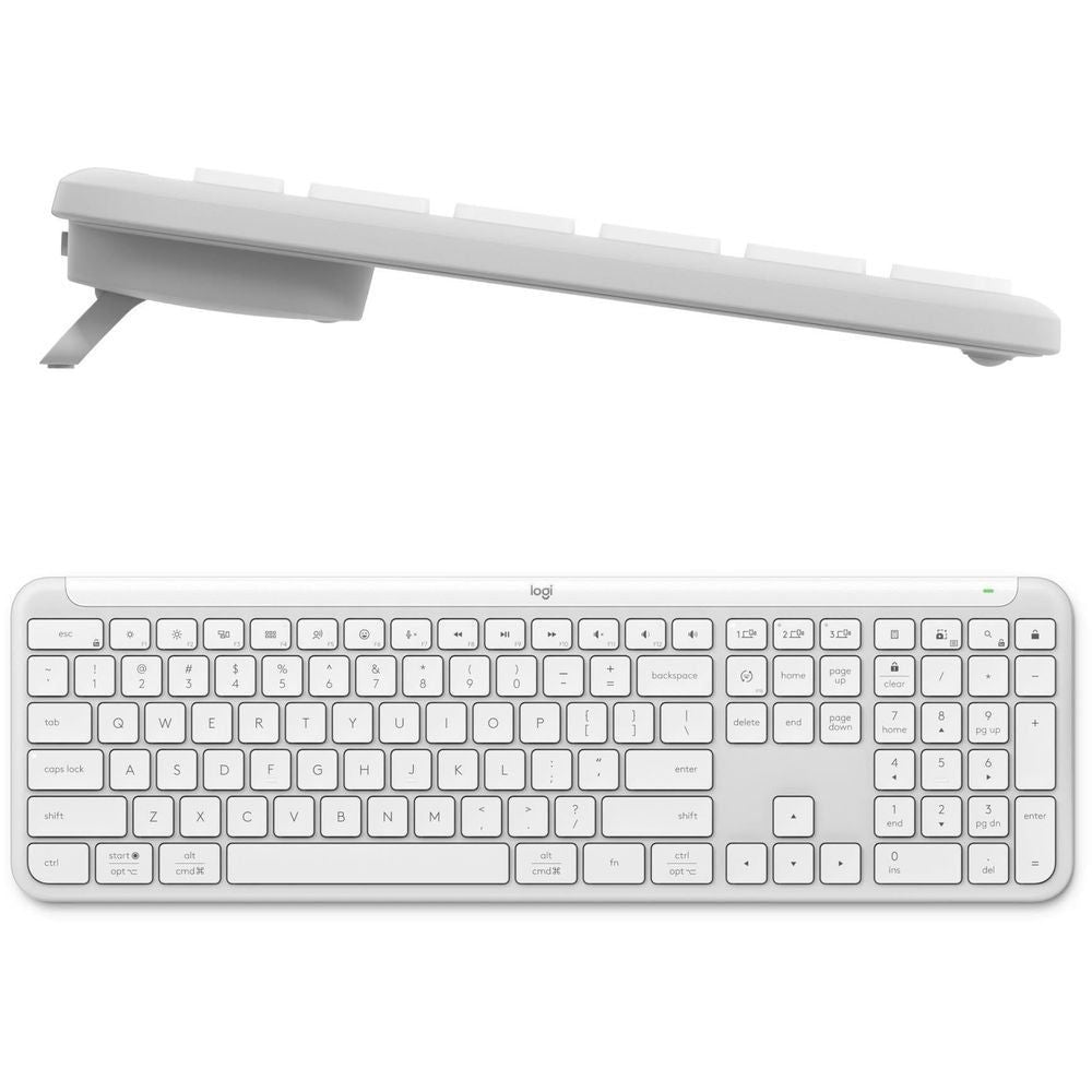 Off-white slim wireless keyboard, side profile with low key height