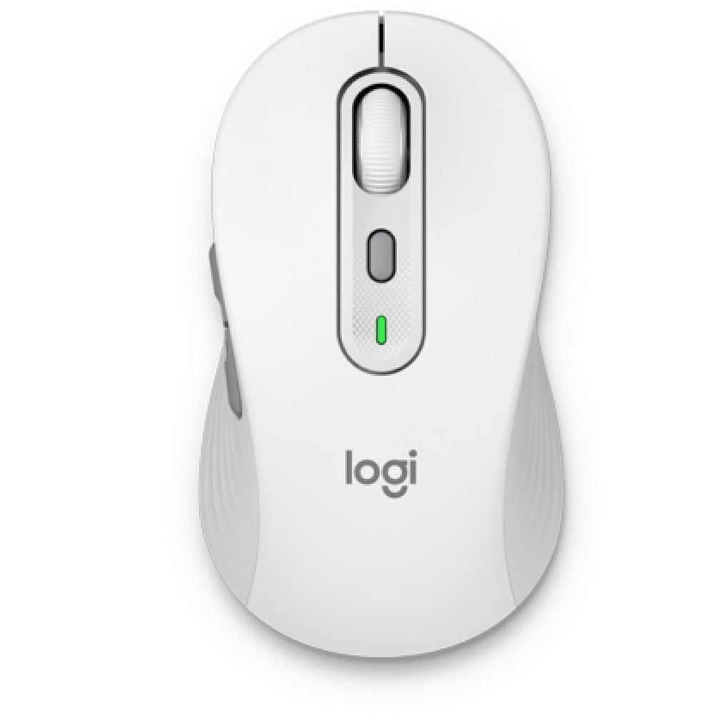 Off-white wireless mouse with scroll wheel and indicator light