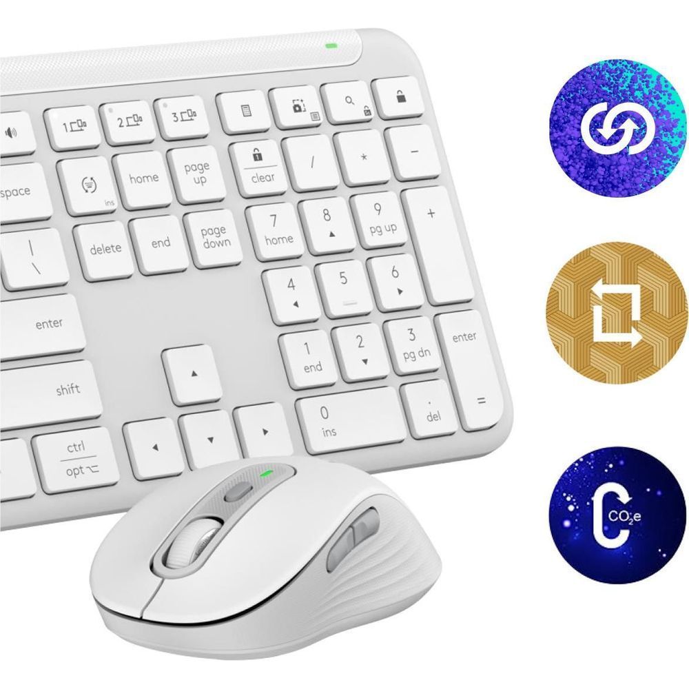 Off-white wireless keyboard keys with matching mouse in foreground