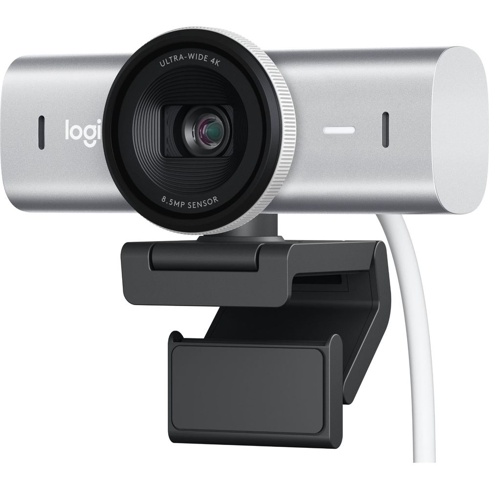 Pale grey webcam with ultra-wide 4K lens and adjustable black privacy cover