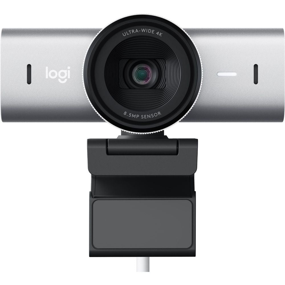Pale grey 4K webcam with ultra-wide lens and flip-down privacy shutter