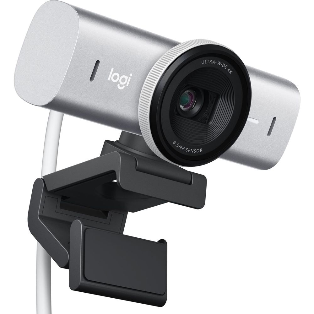 Pale grey 4K webcam with ultra-wide lens on tilt stand and privacy shutter