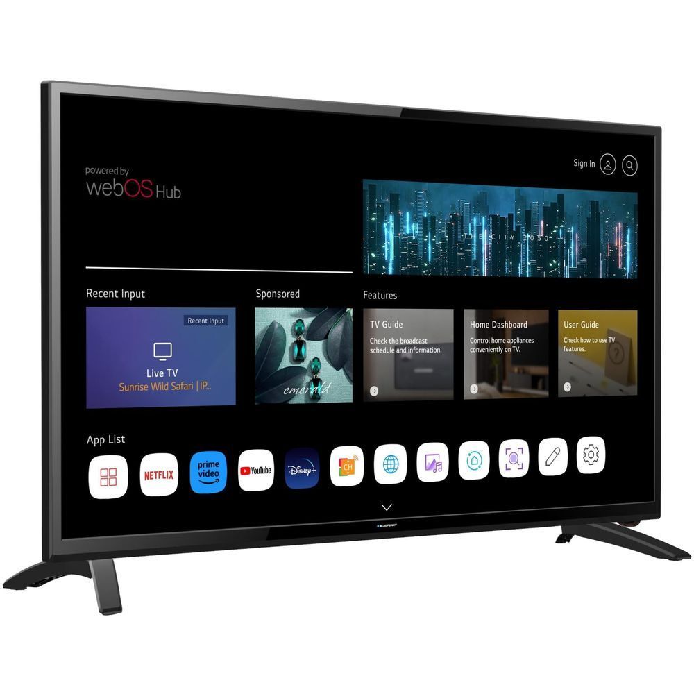 24-inch smart TV with webOS Hub home screen and app icons