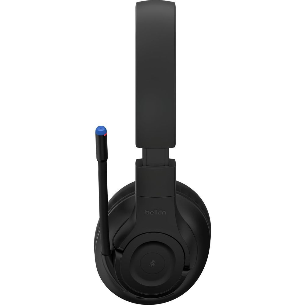 Black over-ear kids wireless headset with padded headband and microphone on left