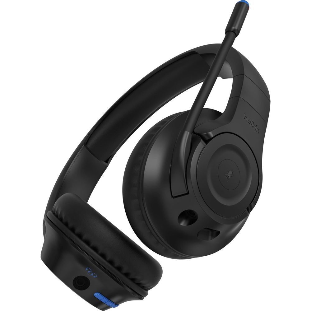 Black over-ear kids wireless headset showing boom mic and cushioned ear pads