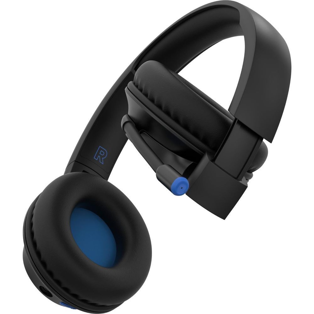 Black wireless over-ear kids headset with rotating earcups and blue accent buttons
