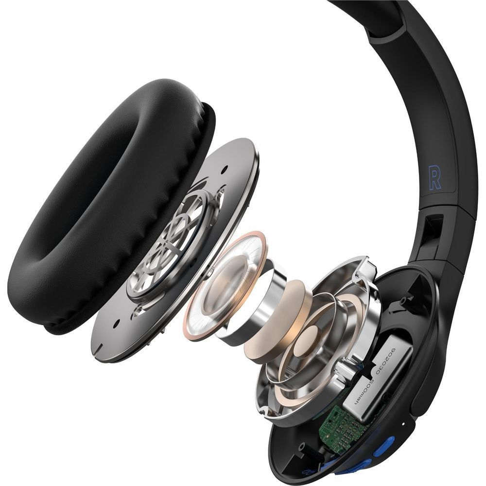 Black wireless over-ear kids headset with opened earcup showing internal components