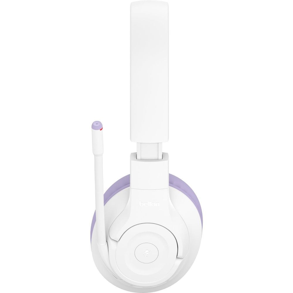 White kids over-ear headset with lavender ear cushions and adjustable headband