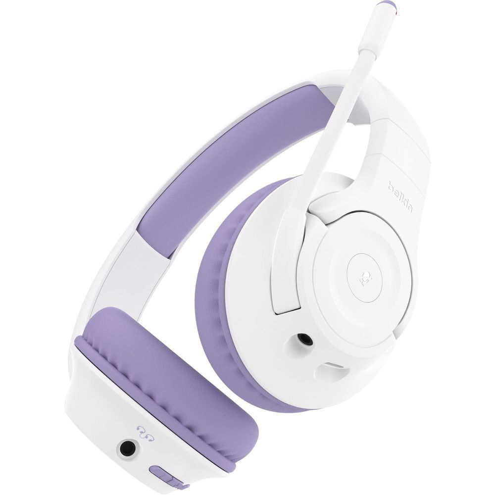 White and lavender over-ear headset with side ports and cushioned ear pads