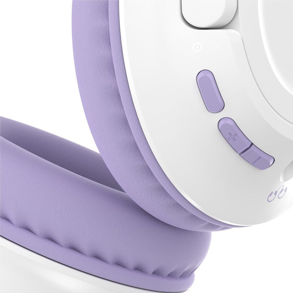 Lavender padded ear cushion on a white kids over-ear headset with control buttons