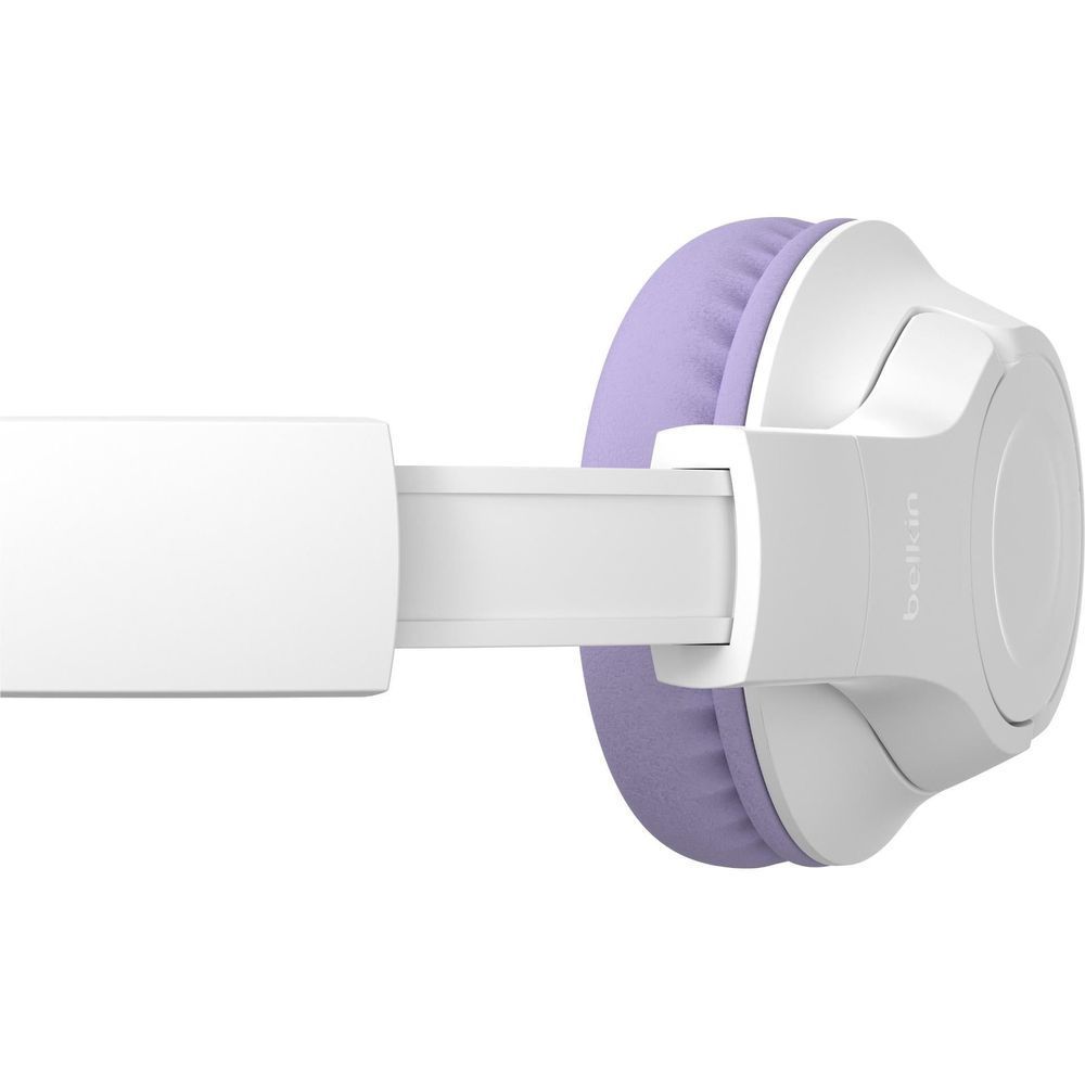White over-ear headset with lavender cushion and adjustable slider headband