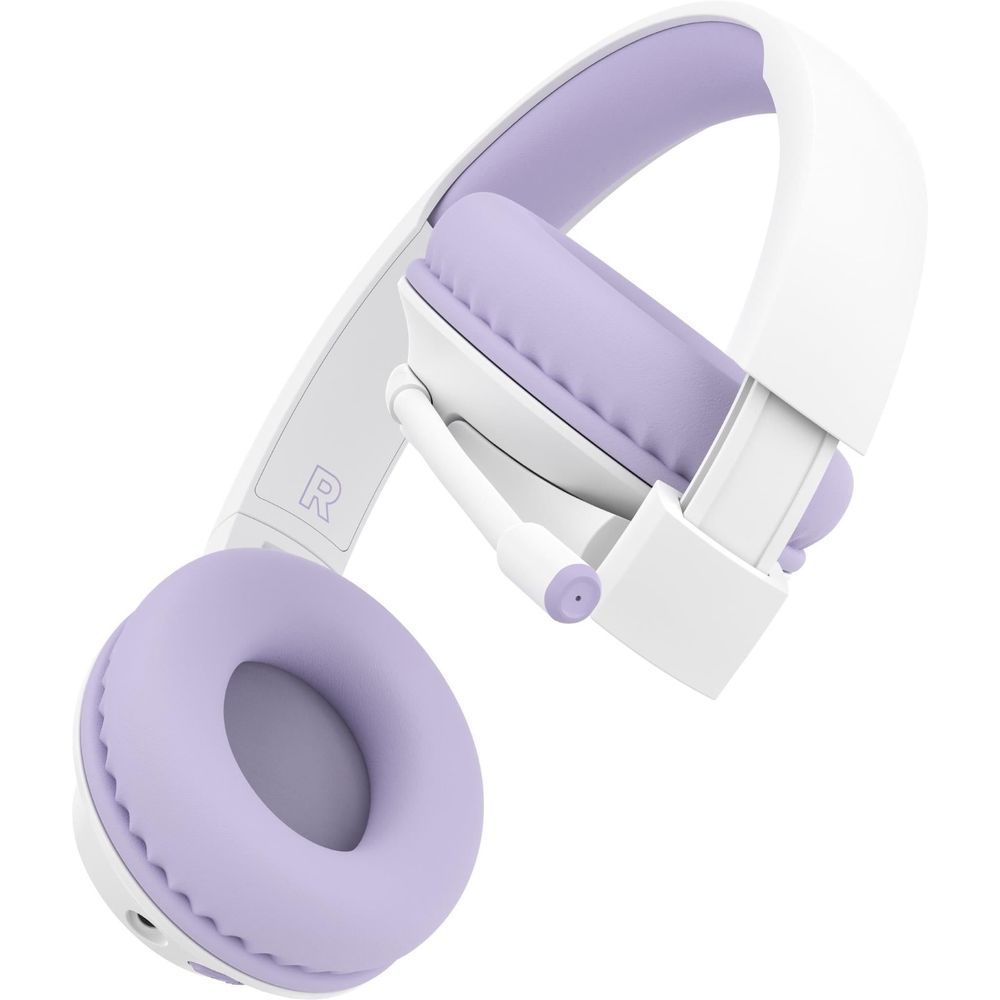 Lavender and white over-ear headset with padded ear cup and headband support