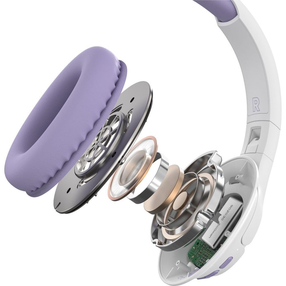 Opened kids over-ear headset showing internal speaker drivers in white housing