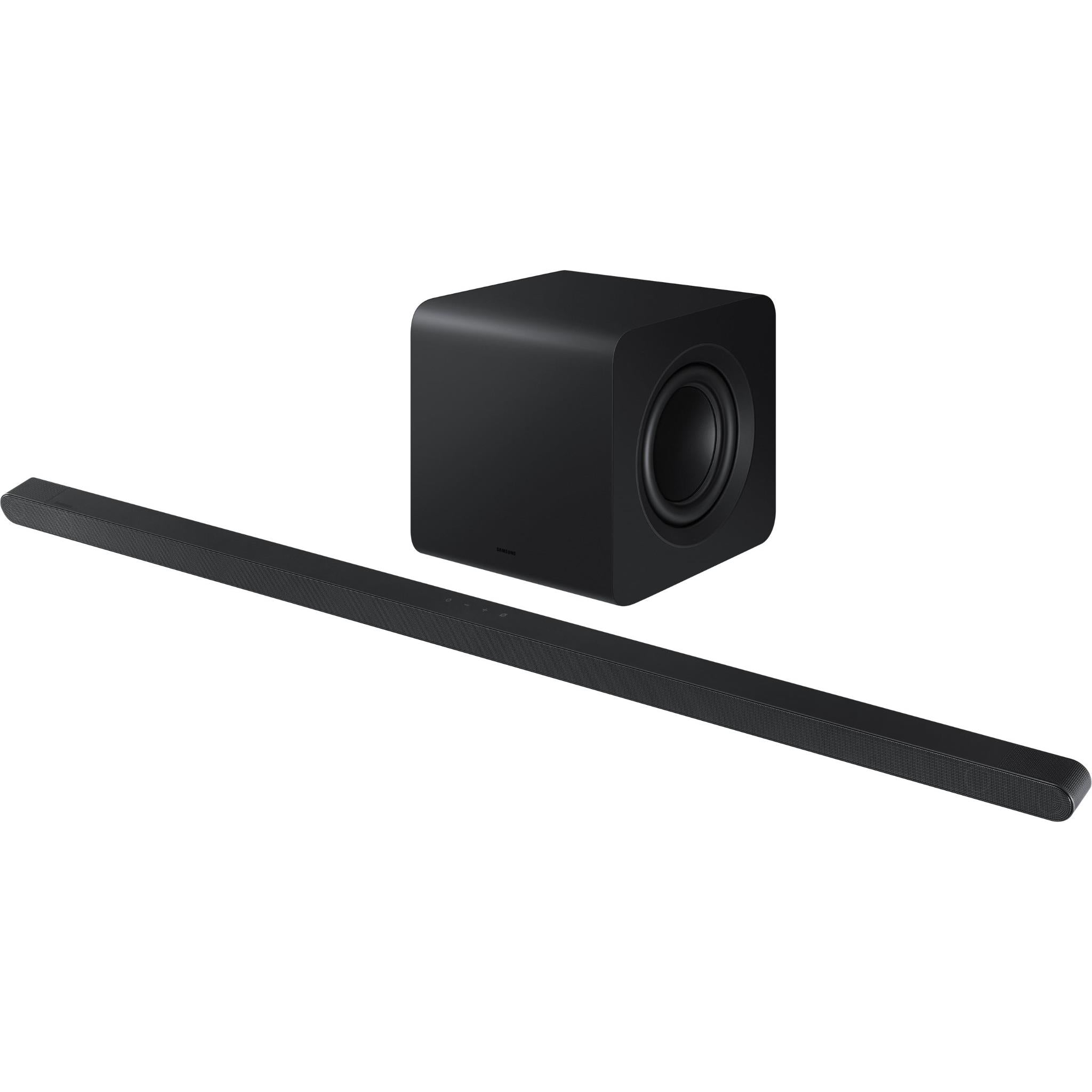 Soundbar bar speaker with textured grille, dark black