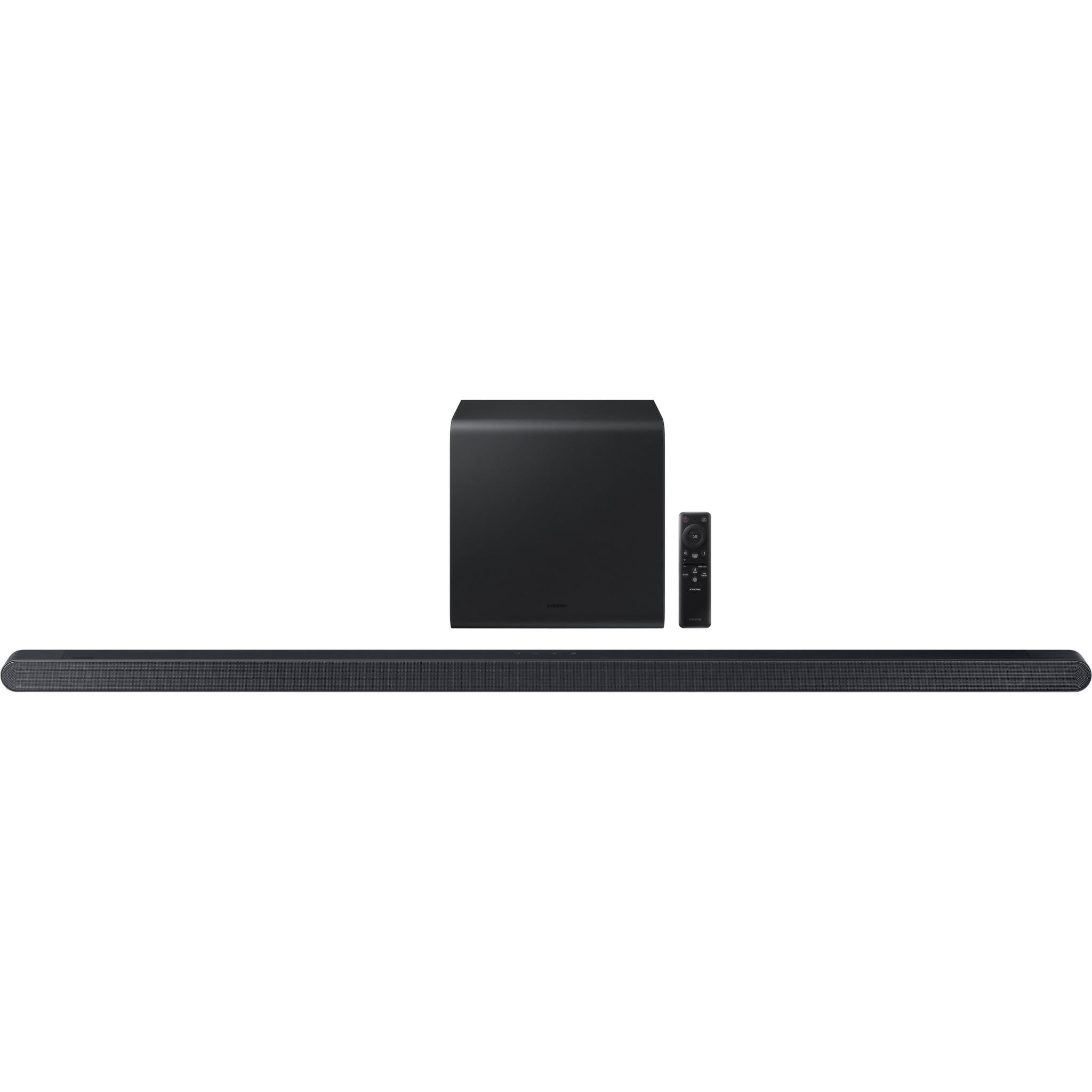 Soundbar with subwoofer unit and small remote control, black