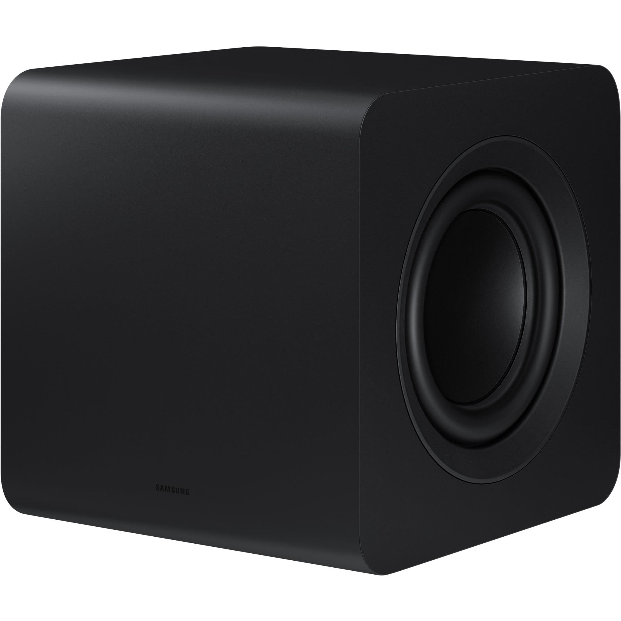 Black subwoofer speaker box with large circular woofer