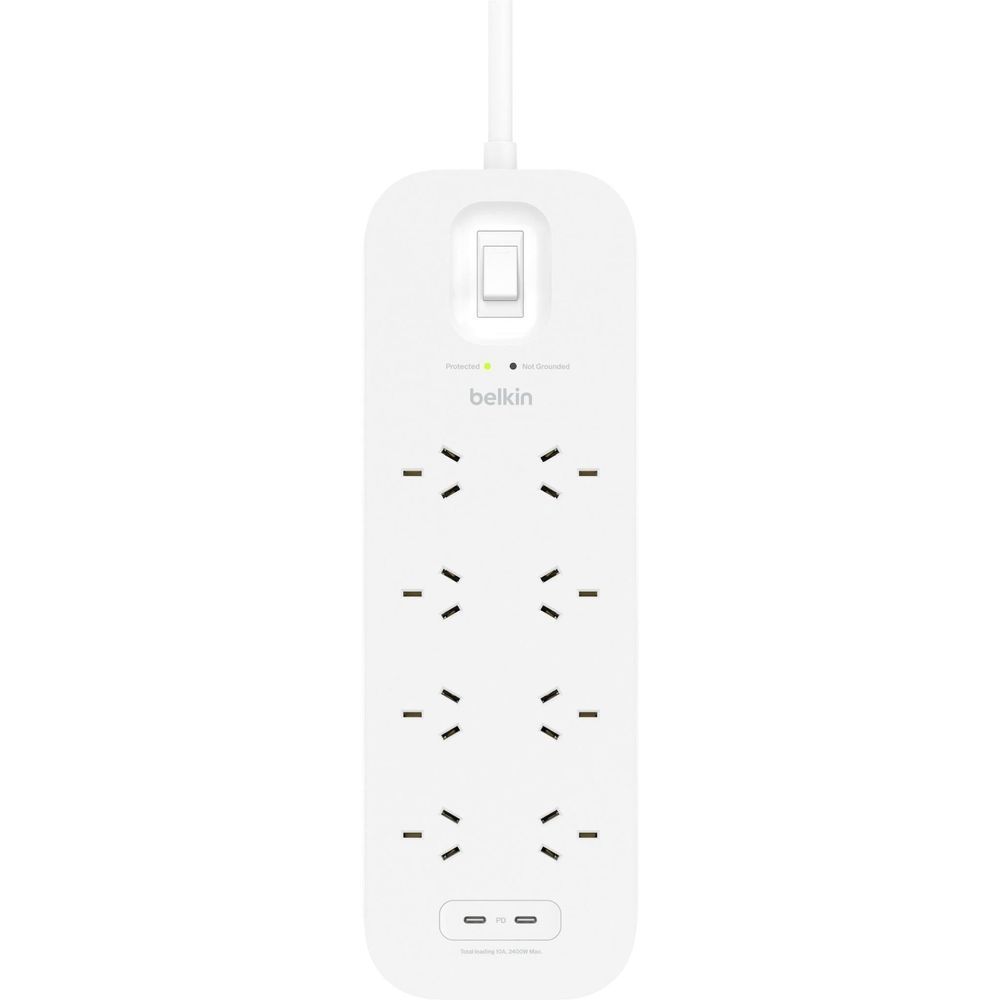 Front-facing white surge protector with 8 AC outlets and dual USB-C ports
