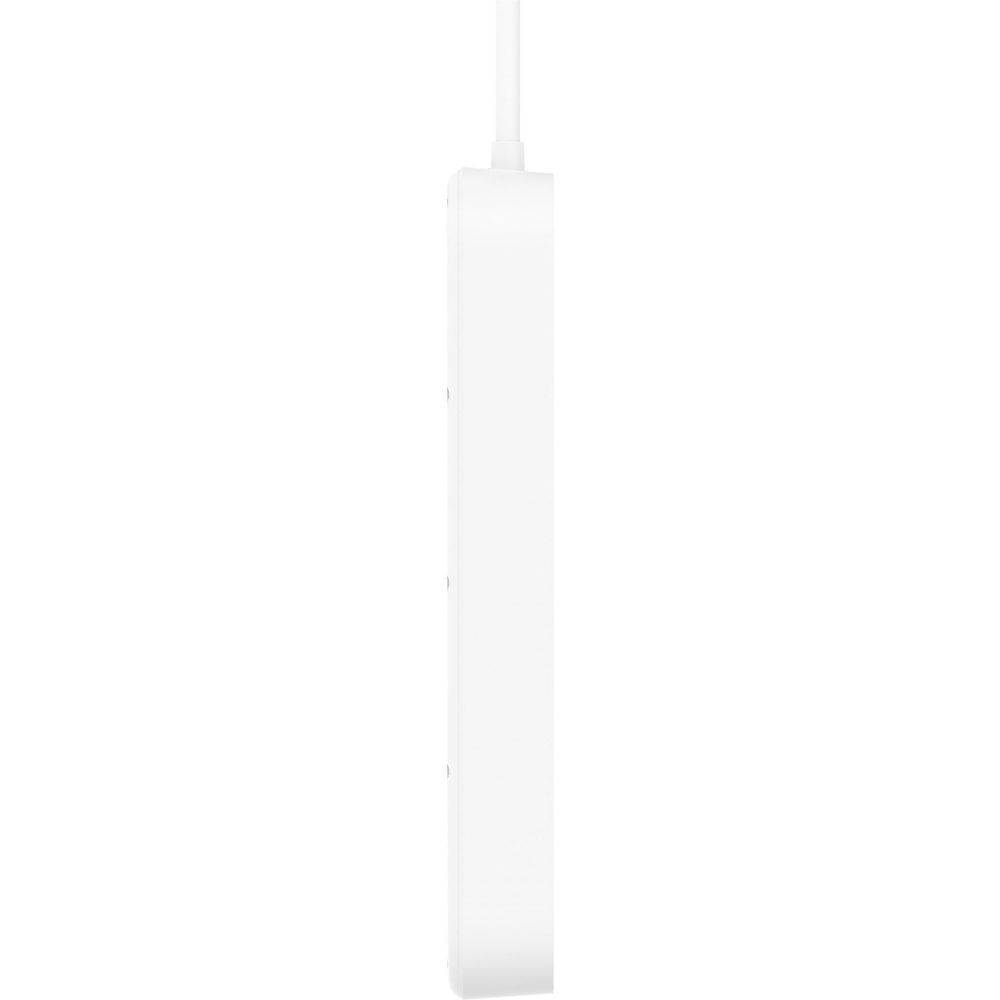 White surge protector side view with attached power cord connector