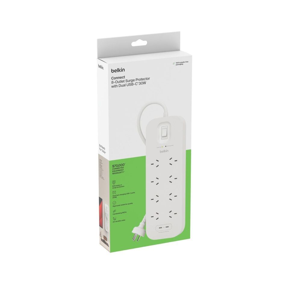 Belkin Connect surge protector retail box with dual USB-C ports