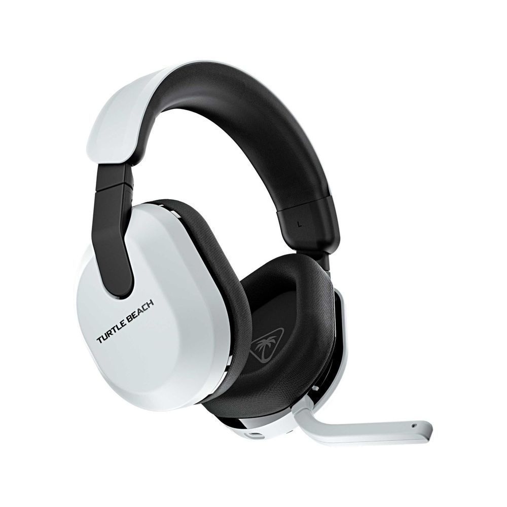 Wireless gaming headset with white earcups, black headband, and boom mic arm