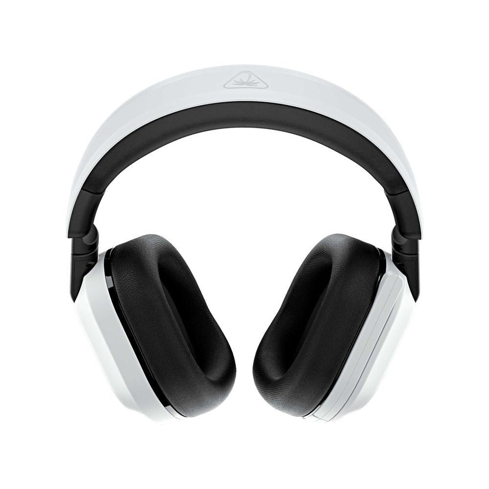 Wireless gaming headset with black cushioned ear pads and white outer earcups