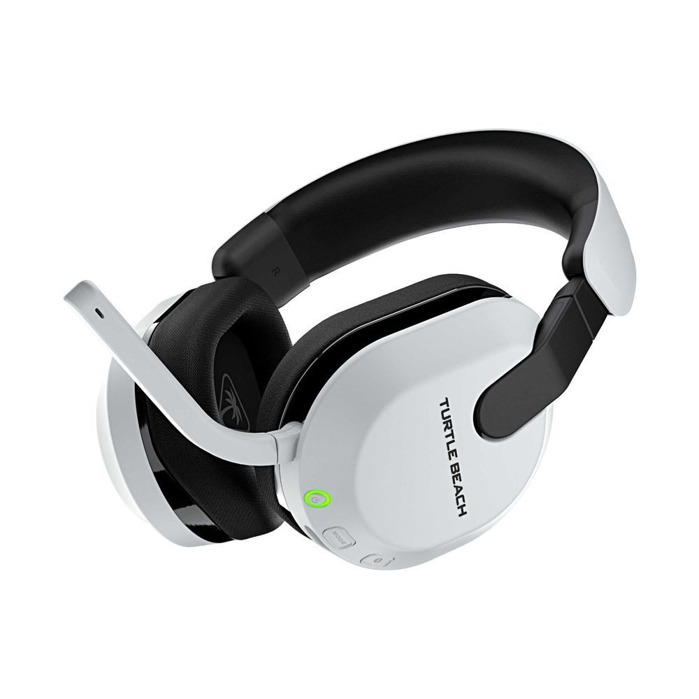 White-and-black wireless gaming headset with boom mic and padded ear cushions