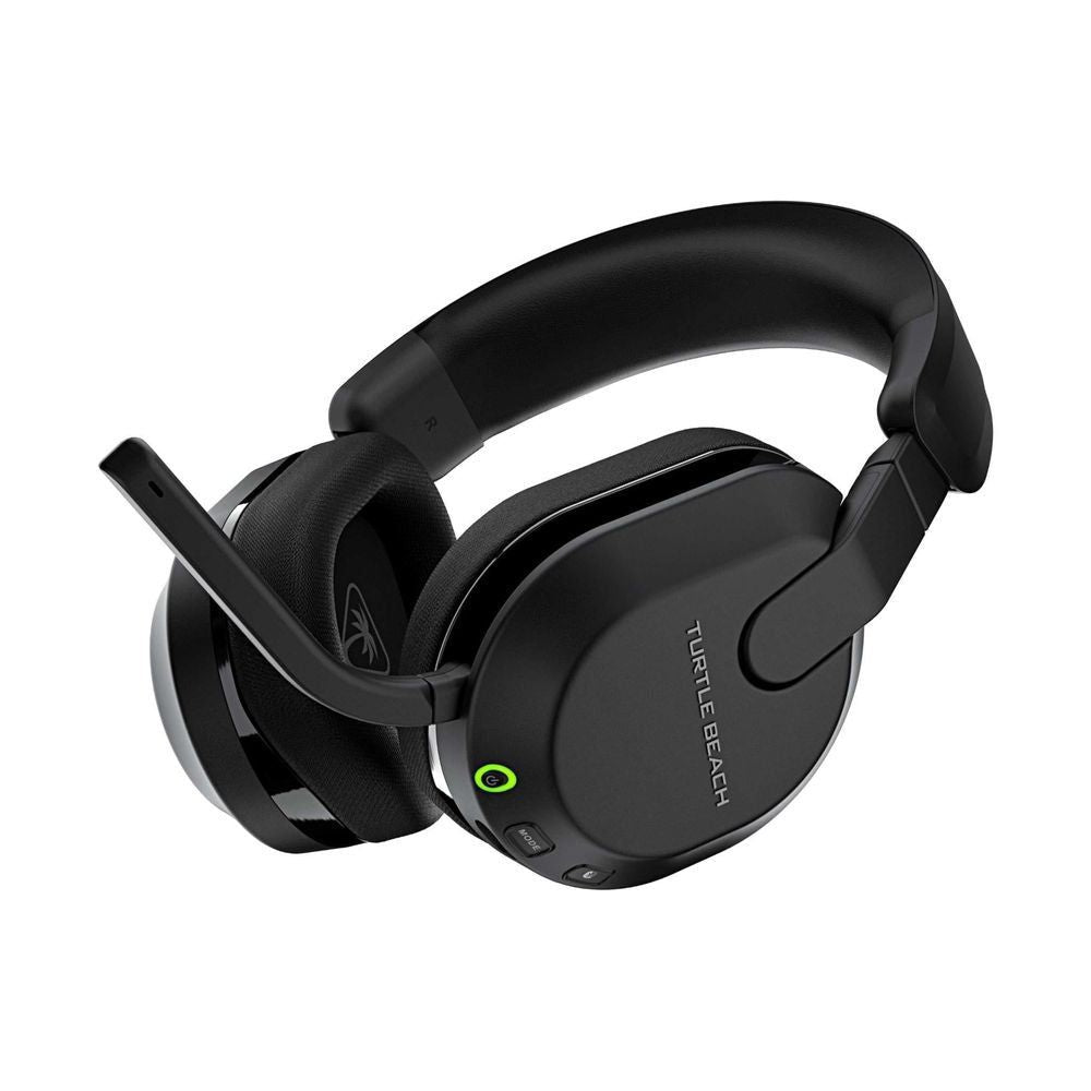Black wireless gaming headset with boom mic, buttons, and green indicator
