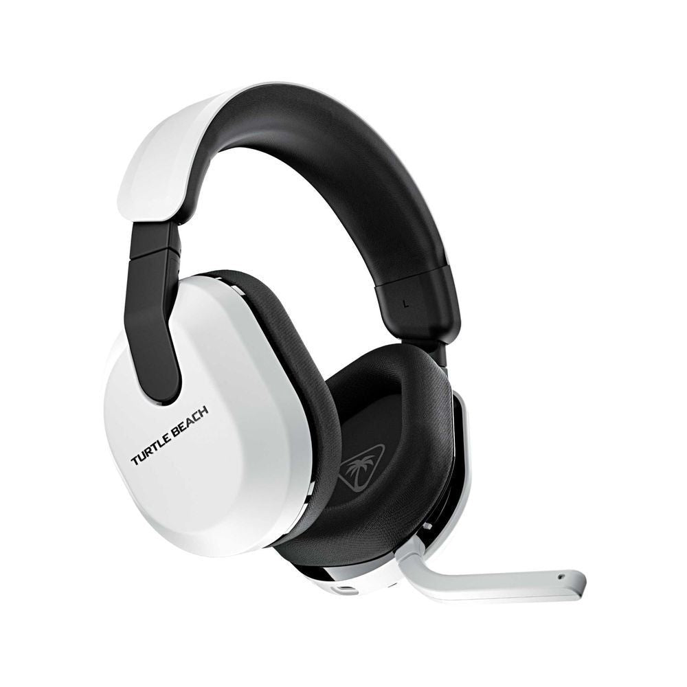 White and black over-ear gaming headset with padded headband and side control arm