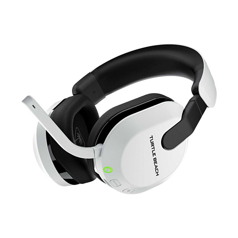 Wireless gaming headset with white earcup, black headband, and foldable mic boom