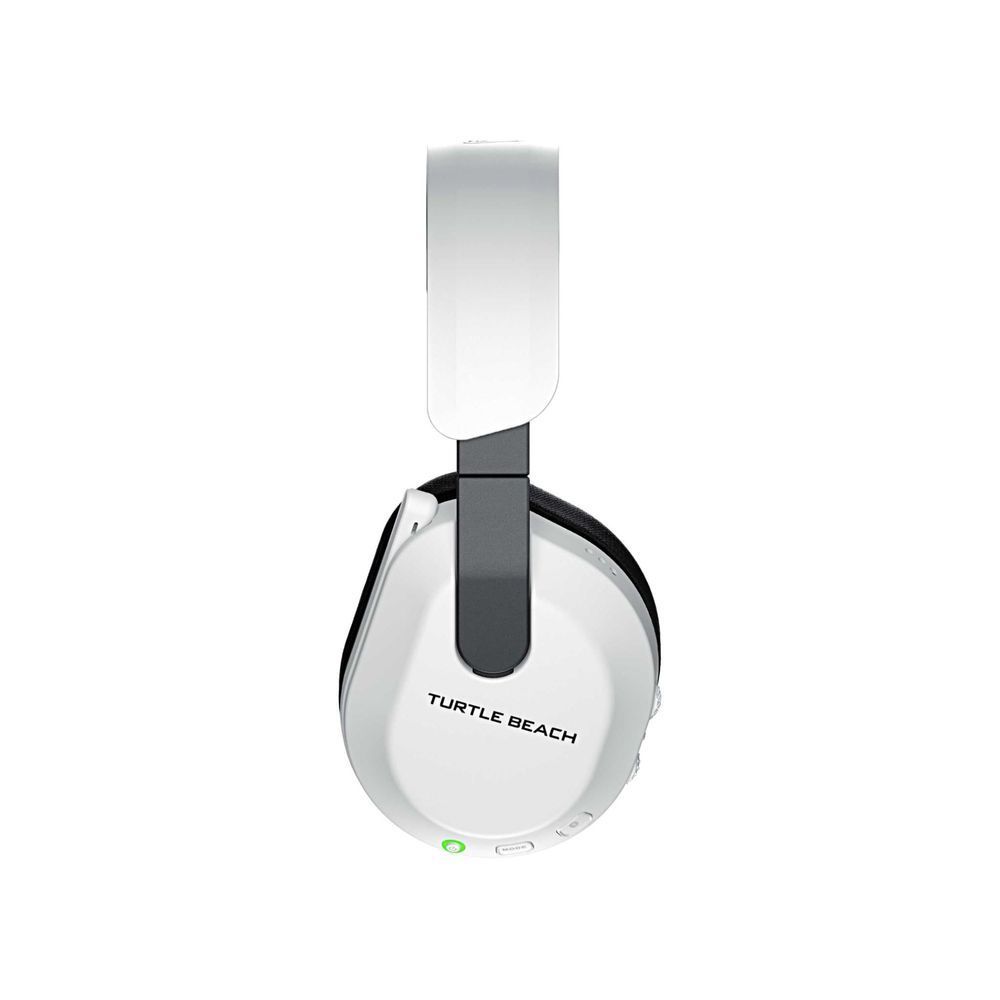 Wireless gaming headset with white earcups and black center band connecting headband