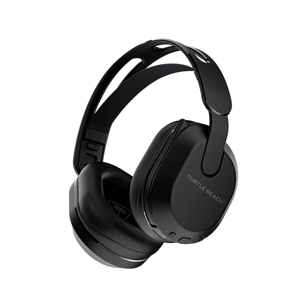 Black over-ear wireless gaming headset with cushioned headband and side controls