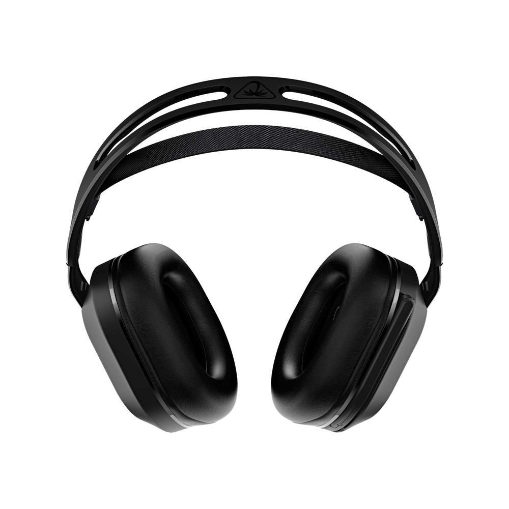Black over-ear wireless gaming headset with padded ear cushions, headband centered