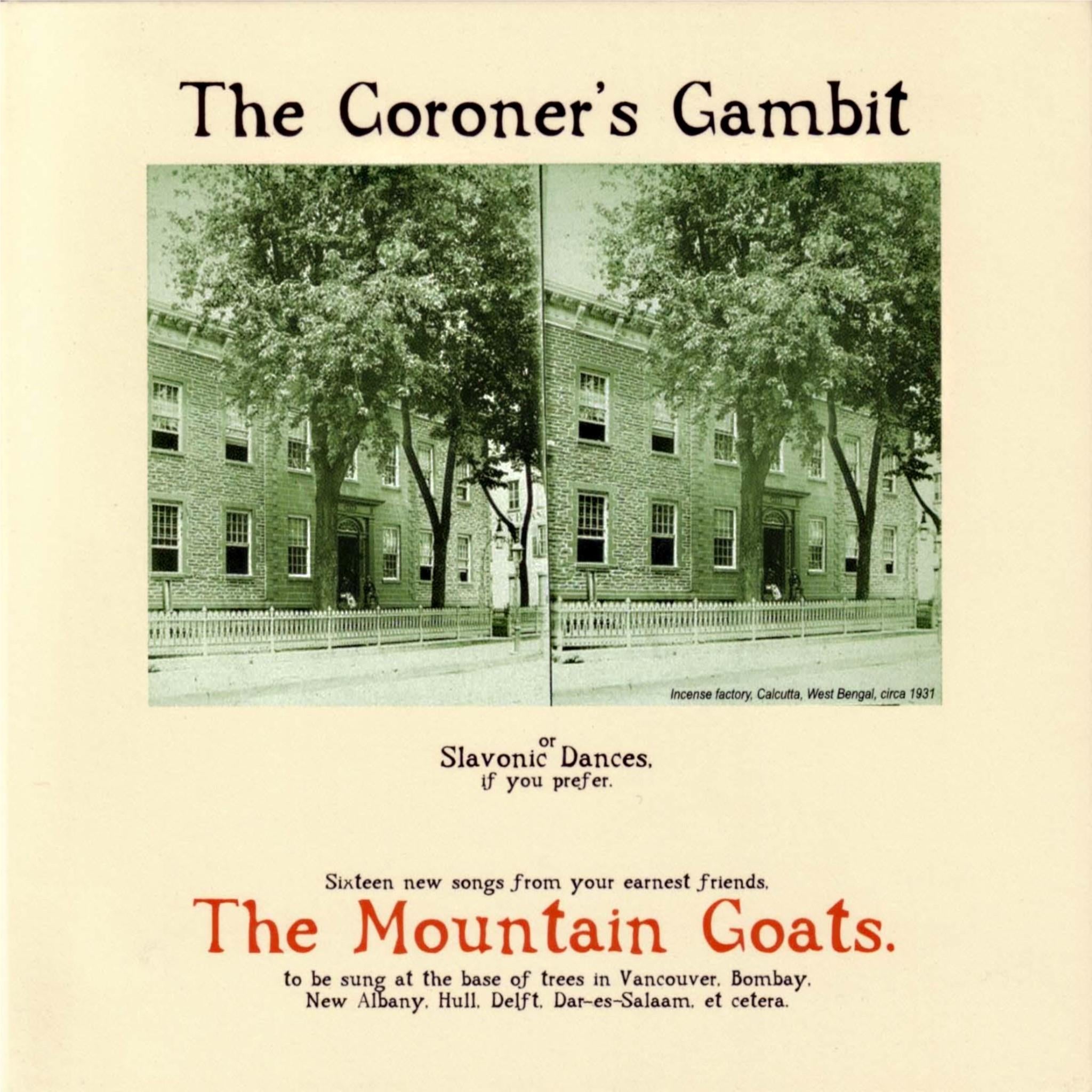 Music album cover for The Coroner's Gambit with green campus building and title text