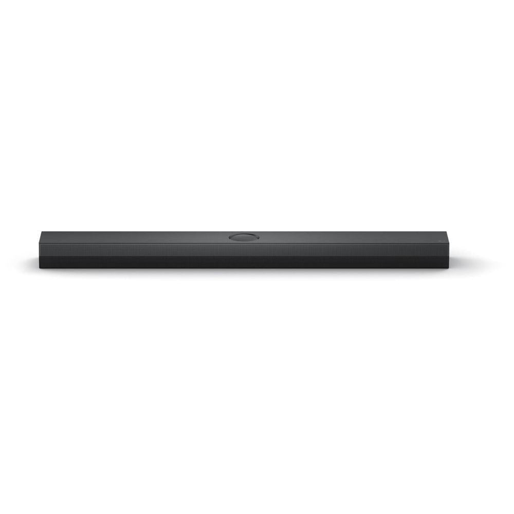 Black soundbar speaker bar with circular top indicator, front view