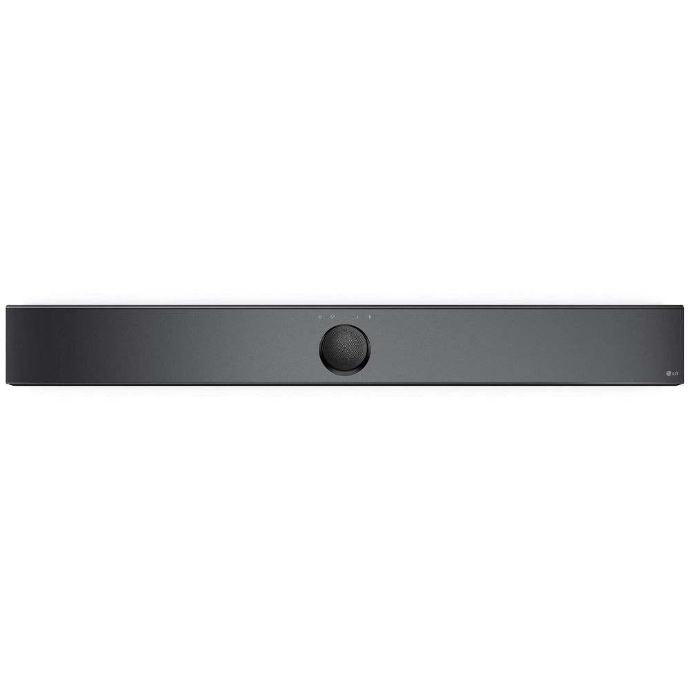 Black soundbar front panel with central control knob, low-profile bar