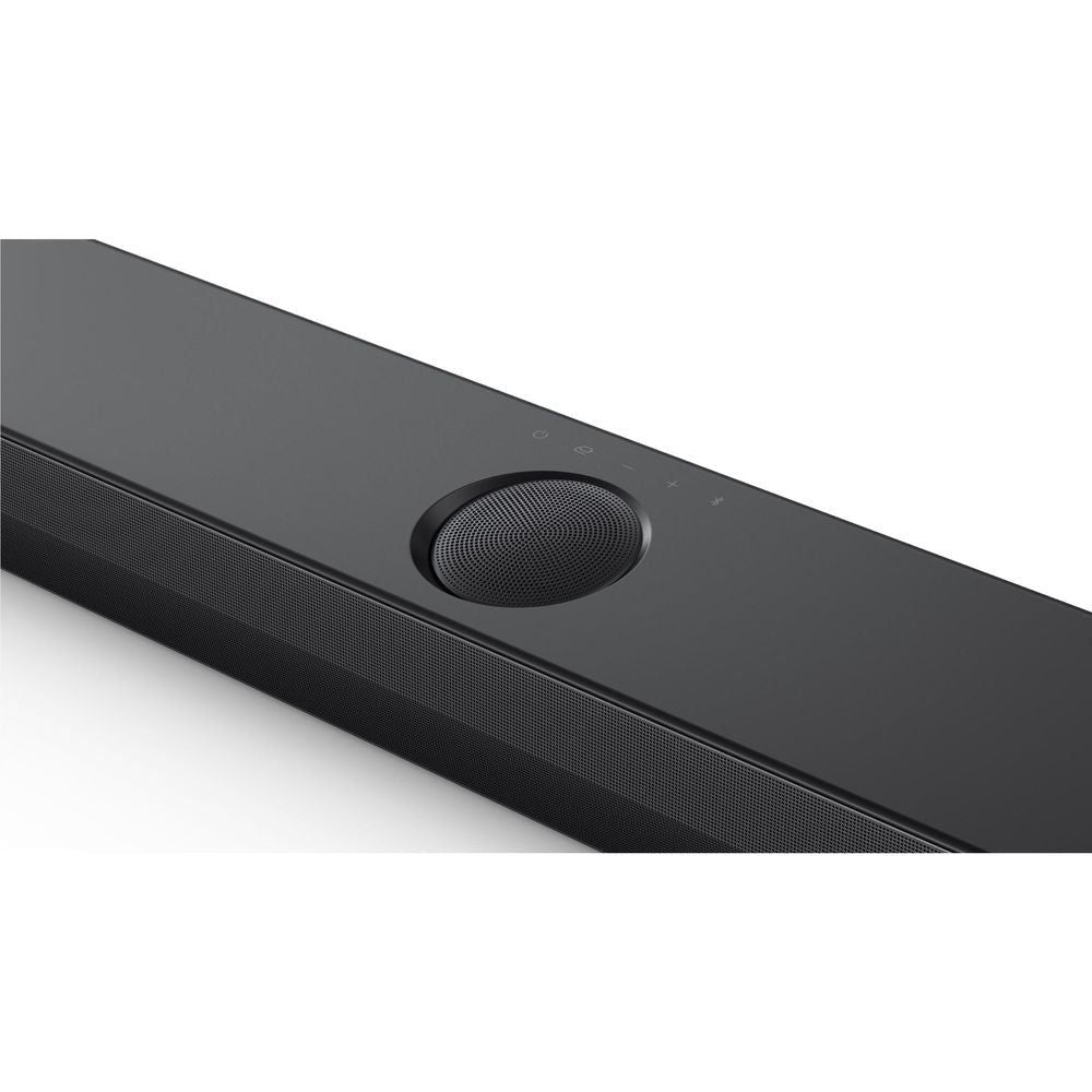 Black soundbar top grille with circular driver, slim speaker bar
