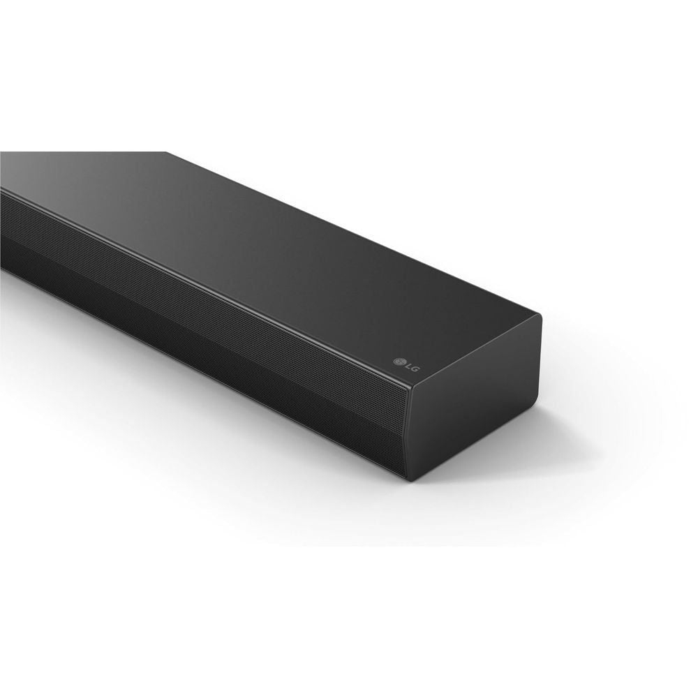 Black soundbar end cap with LG logo, slim rectangular bar