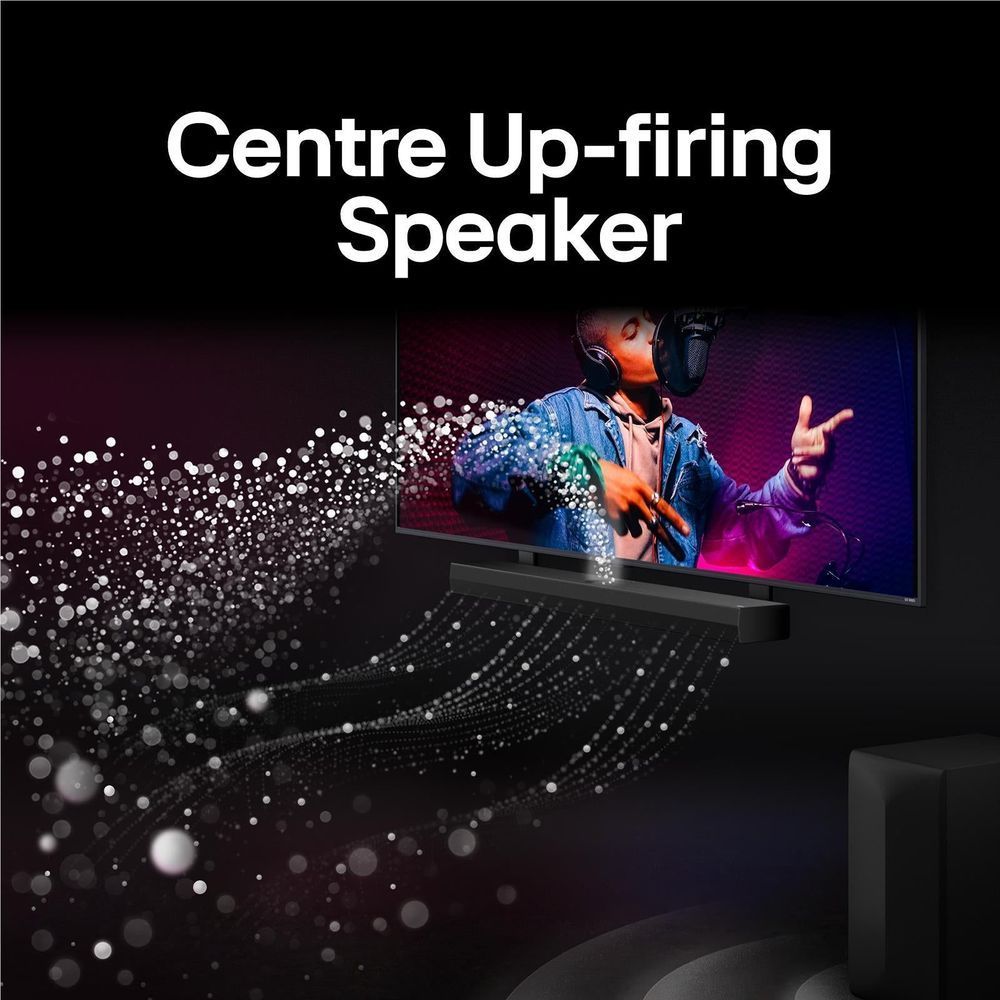 Black soundbar with small satellite speaker, speaker-beam graphic