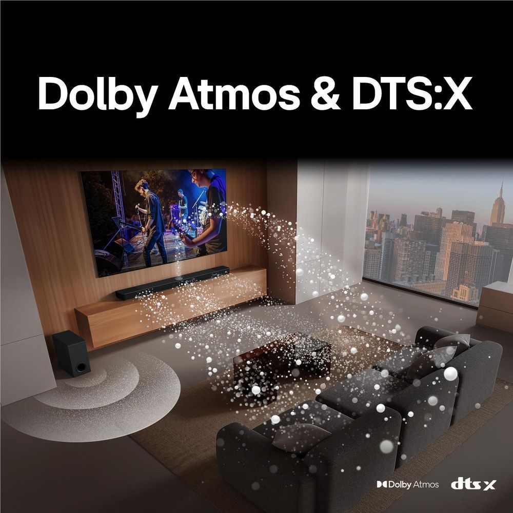 Black soundbar system with wireless speakers, surround sound effect illustration